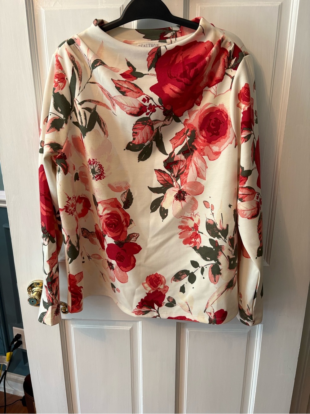 Floral Long-Sleeve Crewneck Top in Ivory and Red BEAUTIFUL by Lawrence Zarian